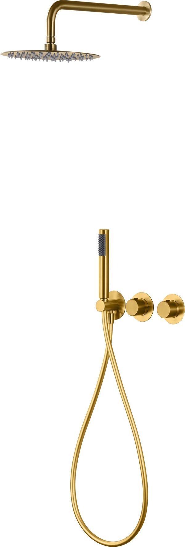Chuveiro termostático de parede fabricado em latão com acabamento em ouro escovado.