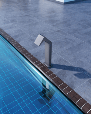 Cascata Niagara 15cm para piscina em aço inoxidável cinza-cobalto instalada