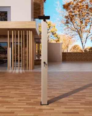 Chuveiro de jardim Phoenix AMK em aço inox S316 instalado em área externa