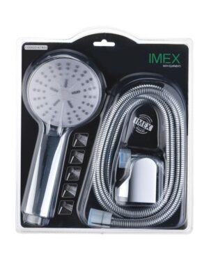 Kit de duche económico com ducha de mão de 5 jatos, flexível de aço reforçado extensível (170-190cm) e suporte ajustável.