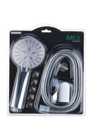 Kit de duche económico com ducha de mão de 5 jatos, flexível de aço reforçado extensível (170-190cm) e suporte ajustável.