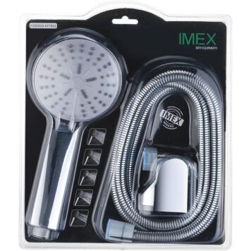 Kit de duche económico com ducha de mão de 5 jatos, flexível de aço reforçado extensível (170-190cm) e suporte ajustável.