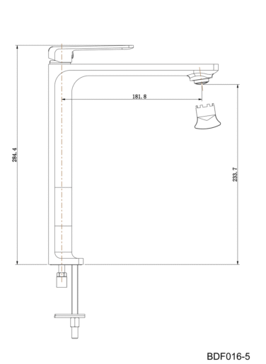 Medidas técnicas torneira de cano alto XL para lavatório FIYI - altura 284.4 mm alcance 181.8 mm