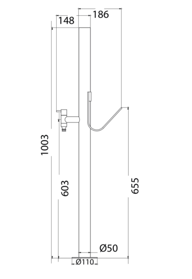 Desenho técnico e dimensões da torneira de poste para jardim Denali.