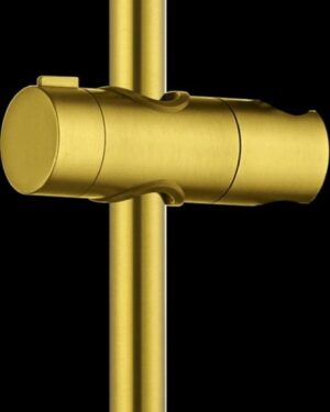 Rampa de duche redonda em aço inox dourado com suporte de chuveiro de mão ajustável.