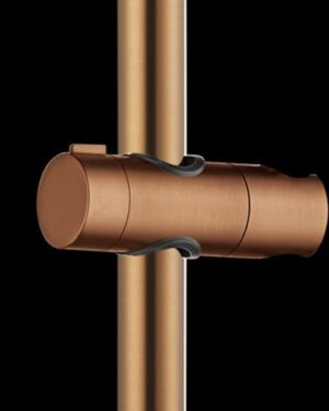Rampa de duche em aço inox com acabamento PVD ouro rosa escovado e suporte ajustável.
