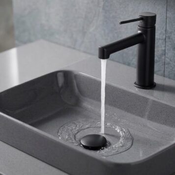 Misturadora monocomando de lavatório série Firenze IMEX em acabamento preto mate instalada num lavatório cinzento.