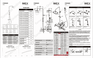 Ficha técnica detallada con medidas y caudal del conjunto de duche Firenze de IMEX.