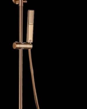Sistema de duche completo Firenze BDF065/NQ em ouro rosa escovado com misturadora, chuveiro superior retangular e chuveiro de mão.