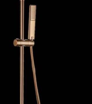 Sistema de duche completo Firenze BDF065/NQ em ouro rosa escovado com misturadora, chuveiro superior retangular e chuveiro de mão.