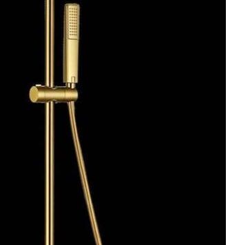 Coluna de duche termostática Firenze BDF065/OC em ouro escovado mate com estrutura quadrada e torneira monocomando.