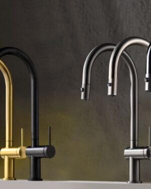 Torneira cozinha osmose Imex Lazio em 6 acabamentos: ouro rosa, ouro escovado, preto mate, gun metal, níquel e cromo.