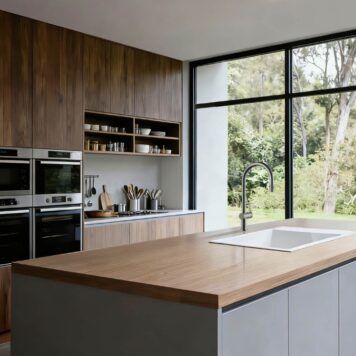 Torneira de cozinha com osmose GOS006/NQ em níquel escovado instalada numa bancada de ilha moderna.