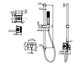 Desenho técnico com medidas detalhadas do Conjunto de duche 1 via-rampa com chuveiro de mão Toscana.
