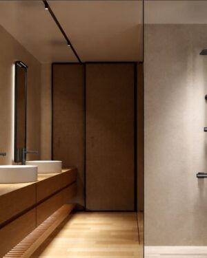 Casa de banho moderna com rampa de duche monocomando Série Toscana em Black Gun Metal instalada em ambiente elegante.