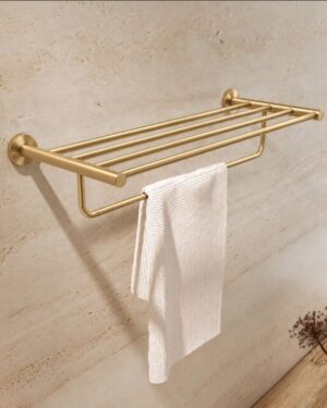 Toalheiro de parede com prateleira para casa de banho Série Essential em ouro escovado