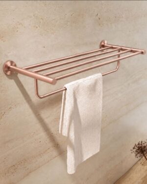 Toalheiro de parede com prateleira Série Essential em acabamento ouro rosa escovado