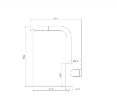 Desenho técnico com dimensões da torneira de cozinha IMEX Oporto.