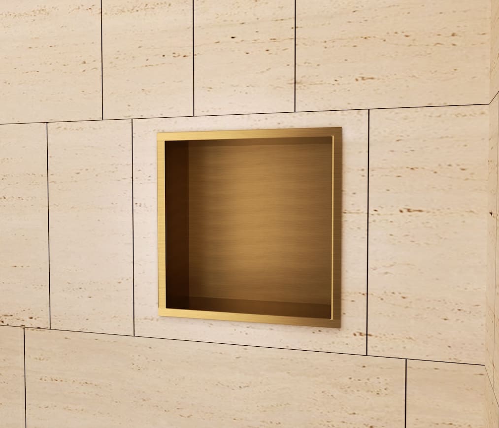 Nicho de encastrar casa de banho em aço inox acabamento ouro escovado.
