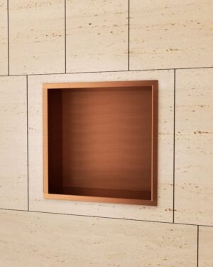 Nicho de encastrar casa de banho em aço inox acabamento ouro rosa escovado.