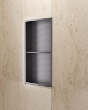 Nicho para duche de encastrar Artic 33x63cm em aço inox S.304 Black Gun Metal PVD com duas prateleiras.