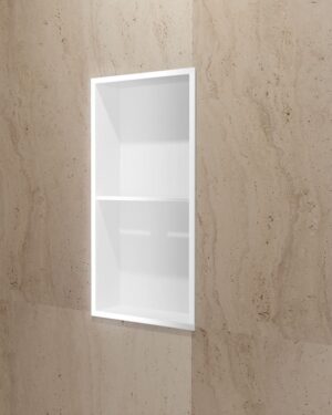 Nicho para duche de encastrar Artic 33x63cm em aço inox S.304 Branco Mate com duas prateleiras.
