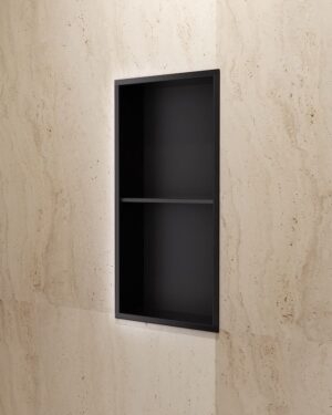 Nicho para duche de encastrar Artic 33x63cm em aço inox S.304 Preto Mate com duas prateleiras.
