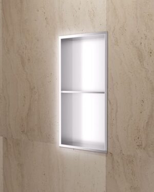 Nicho para duche de encastrar Artic 33x63cm em aço inox S.304 Níquel Escovado com duas prateleiras.