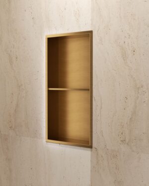 Nicho para duche de encastrar Artic 33x63cm em aço inox S.304 Ouro Escovado PVD com duas prateleiras.