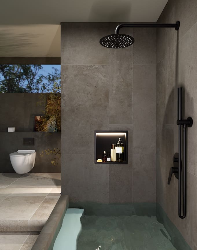 Nicho de parede com LED Indic 33x33cm encastrado na zona de duche da casa de banho.