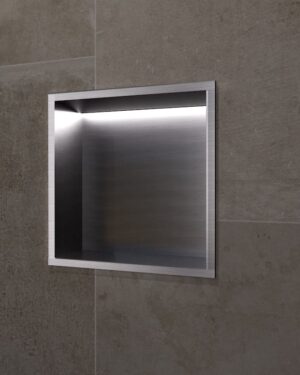 Nicho de parede com LED Indic 33x33cm para casa de banho em Aço Inox Black Gun Metal PVD instalado.