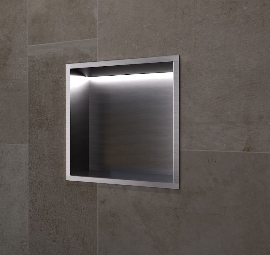 Nicho de parede com LED Indic 33x33cm para casa de banho em Aço Inox Black Gun Metal PVD instalado.