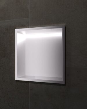 Nicho de parede com LED Indic 33x33cm para casa de banho em Aço Inox Níquel Escovado instalado.