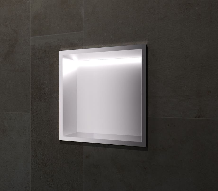 Nicho de parede com LED Indic 33x33cm para casa de banho em Aço Inox Níquel Escovado instalado.