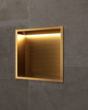 Nicho de parede com LED Indic 33x33cm para casa de banho em Aço Inox Ouro Escovado PVD instalado.