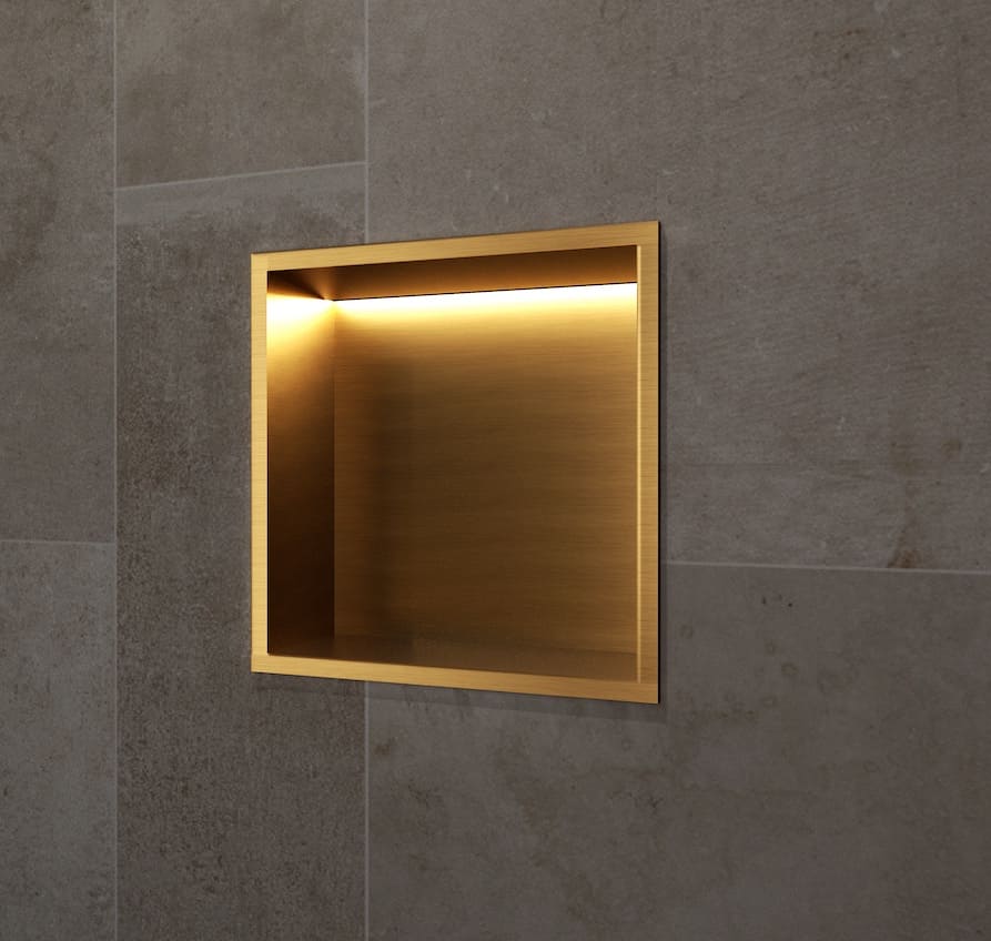 Nicho de parede com LED Indic 33x33cm para casa de banho em Aço Inox Ouro Escovado PVD instalado.