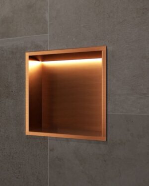 Nicho de parede com LED Indic 33x33cm para casa de banho em Aço Inox Ouro Rosa Escovado PVD instalado.