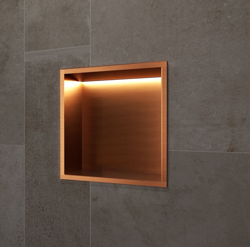 Nicho de parede com LED Indic 33x33cm para casa de banho em Aço Inox Ouro Rosa Escovado PVD instalado.