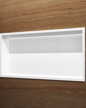 Nicho de encastrar com luz LED Oceanic 33x63cm em aço inox Branco Mate instalado.