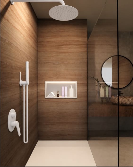 Nicho de encastrar com luz LED Oceanic 33x63cm Branco Mate instalado em cabine de duche moderna com chuveiro.