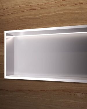 Nicho de encastrar com luz LED Oceanic 33x63cm em aço inox Níquel Escovado instalado.