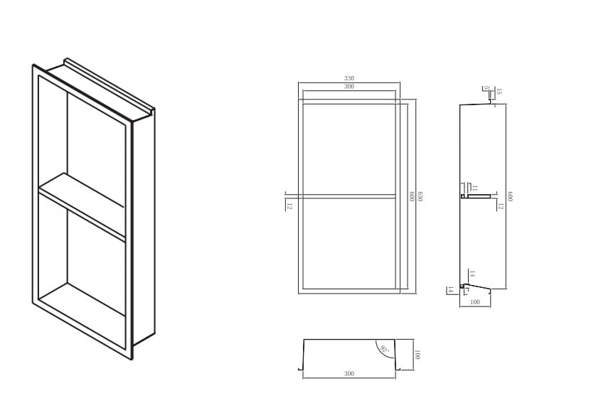 Desenho técnico com dimensões do nicho de encastrar Marshall 33x63cm e profundidade de 10cm.