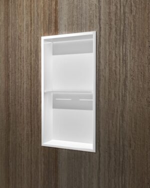 Detalhe das prateleiras do nicho de encastrar Marshall branco mate com luz LED.