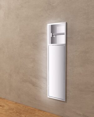 Nicho de encastrar para porta-escovas Egean 17x60cm em níquel escovado instalado na parede.