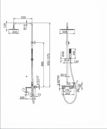 Desenho técnico com dimensões e medidas detalhadas para instalação da coluna de banheira Toscana.