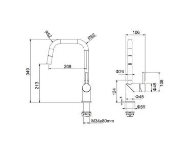 Desenho técnico com dimensões e medidas da torneira de cozinha monocomando extraível monza.