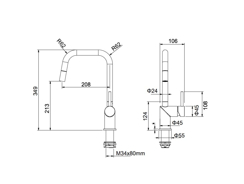 Desenho técnico com dimensões e medidas da torneira de cozinha monocomando extraível monza.