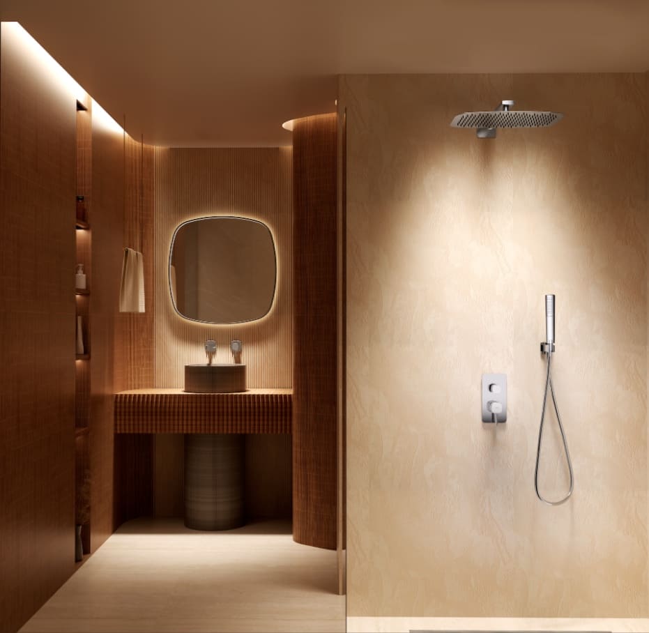 Casa de banho moderna com conjunto de duche monocomando encastrado Toscana instalado.