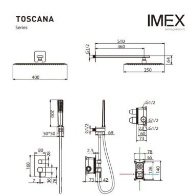 Desenho técnico com dimensões detalhadas do conjunto de duche monocomando encastrado Toscana.