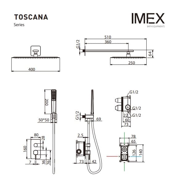 Desenho técnico com dimensões detalhadas do conjunto de duche monocomando encastrado Toscana.
